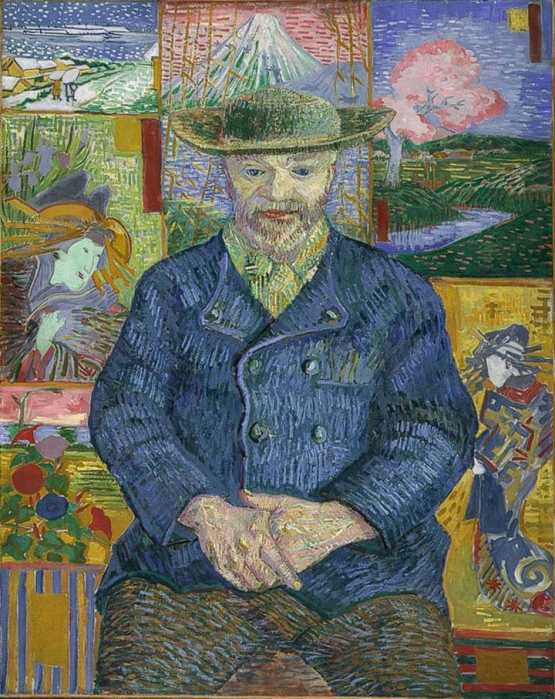 Van Gogh portrait of Père Tanguy with Japanese prints in the background