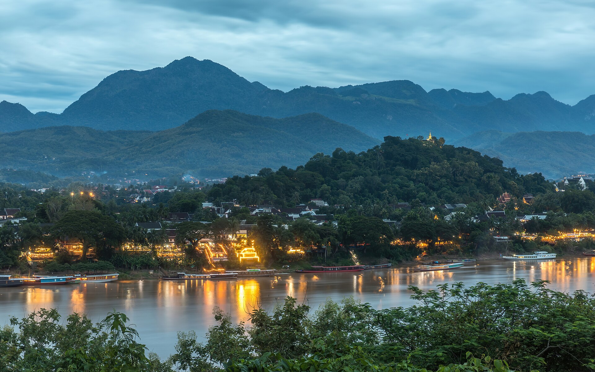 Temple and river landscape in Laos